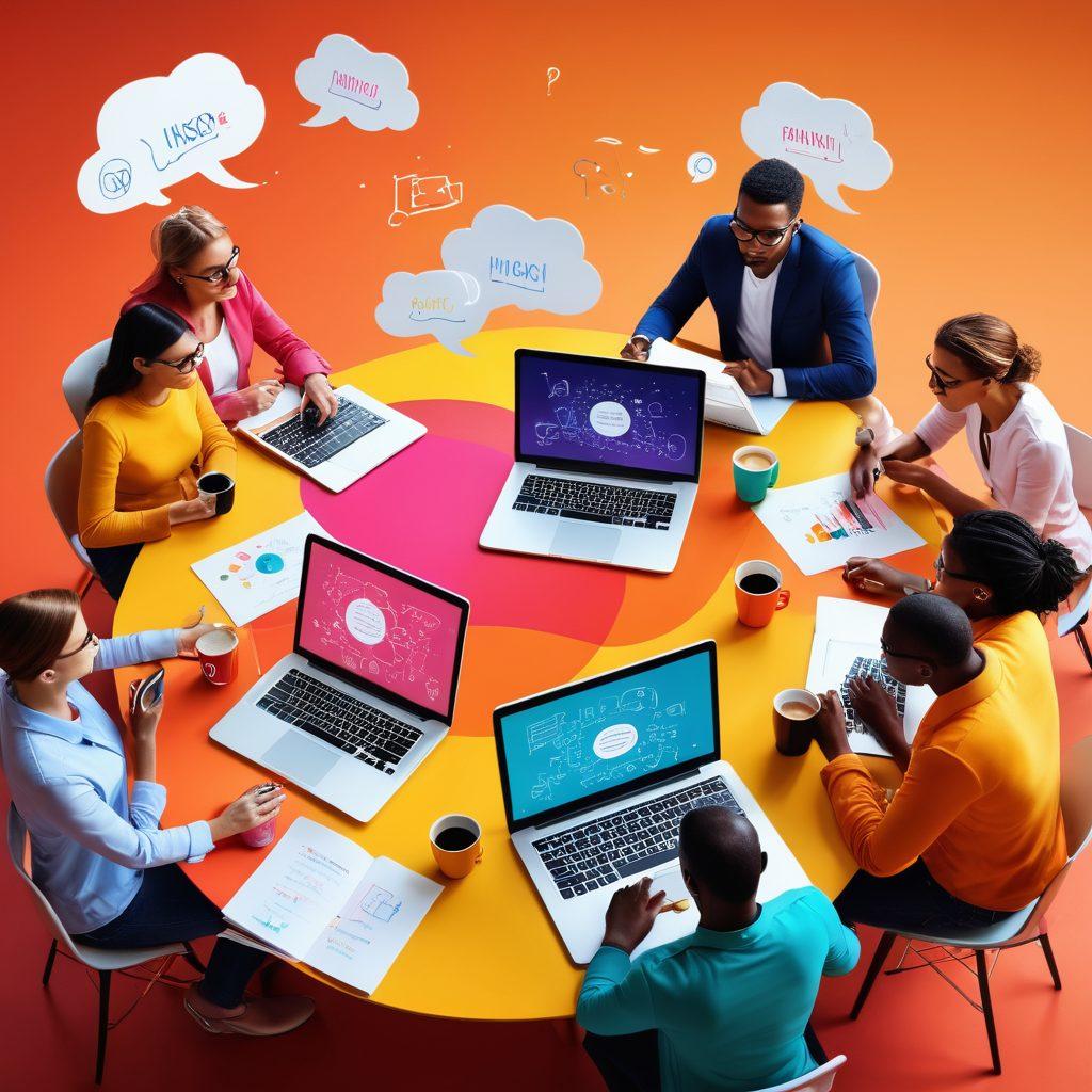 A dynamic scene depicting a diverse group of bloggers passionately discussing strategies around a large table. Laptops are open, featuring vibrant graphs and insights, while notes and coffee cups create an inviting atmosphere. The background showcases colorful thought bubbles with ideas swirling, symbolizing engagement and creativity. Bright colors emphasize energy and collaboration. digital art. vibrant colors. 3D.
