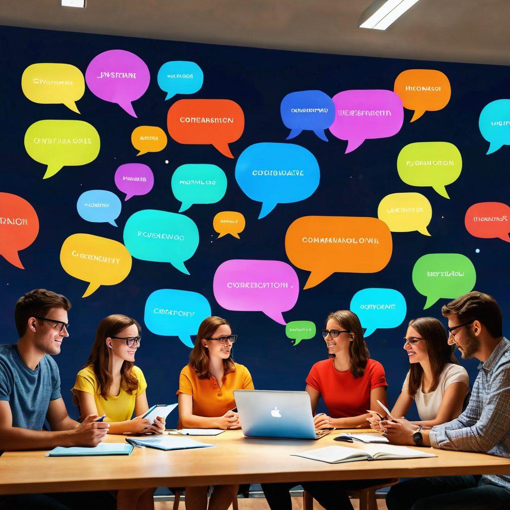 A warm and inviting digital gathering of diverse people engaged in animated discussions around virtual journal entries. Display a virtual environment with colorful chat bubbles, open notebooks, and collaborative tools, symbolizing connection and creativity. Include elements of technology like laptops and tablets, and a soft glow of light to evoke a sense of community spirit. super-realistic. vibrant colors. 3D.